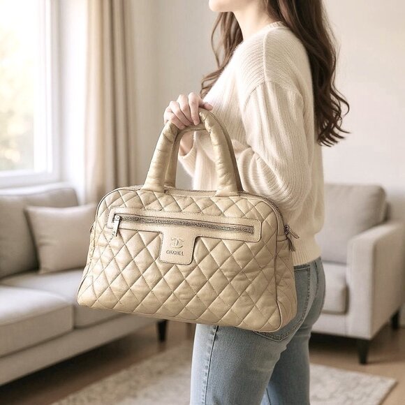 CHANEL Coco Cocoon Bowler Soft Gold Bag Large Tote Leather Quilted Large CC EUC - Picture 1 of 16